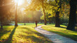 Person running on a sunlit park path, autumn