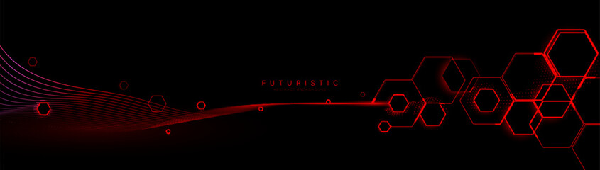 Wall Mural - Abstract red hexagon background with glowing wavy lines with technology connection concept. Modern minimal trendy shiny lines pattern. Vector illustration