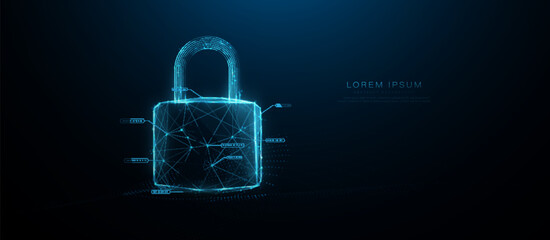 Poster - Digital cyber security concept. Lock symbol from lines and triangles, point connecting network on blue background. Illustration vector