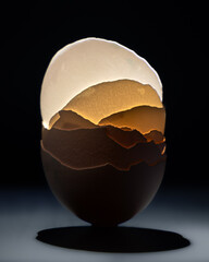 Abstract artistic dark still life image of backlit stack of eggshell with contrasting shadows