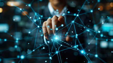 Wall Mural - Businessman touching virtual display to connect digital software of network services. Digital future. Generative AI