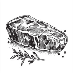 Wall Mural - piece of meat, steak. black and white drawing in sketch style, engraving. beef, pork