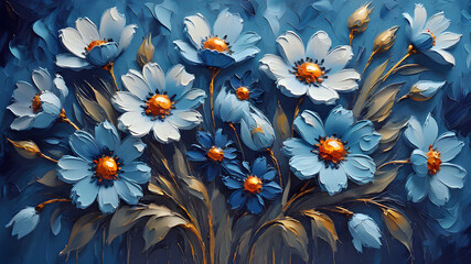 beautiful blue flowers painted with oil paints