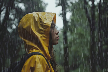 Wall Mural - Young girl in a yellow raincoat and with backpack walks in the forest in rainy cold weather.