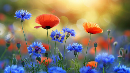 Wall Mural - Summer field with wild red poppy and blue cornflowers.
