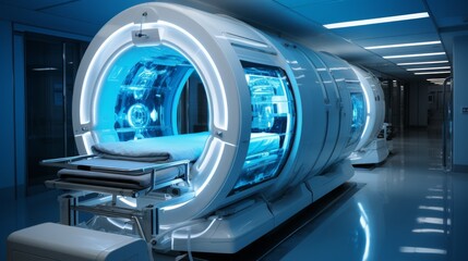 Wall Mural - high-tech medical imaging equipment in a hospital room, screen displaying scans, conveying advanced 