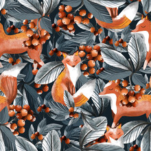 Seamless Botanical Pattern With Foxes. Various Herbs And Flowers, Hand-drawn. Vintage Vector Illustration Of Flowers. An Idea For Wallpaper And Textiles. A Linear Drawing. Rustic Style. Fox. Berries.
