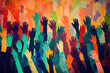Vote for Assistance: Silhouette Crowd of Volunteer Helpers with Raised Hands in a Colorful Graphic Art Illustration