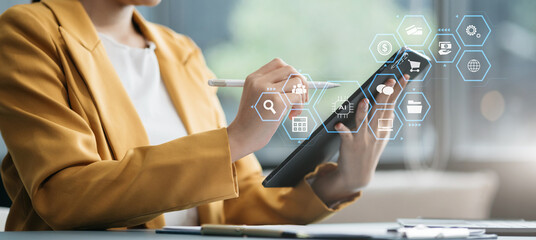 Modern technology and networking concept, woman using laptop, tablet and smartphone with virtual screen API icon Software development tool. API Application Programming Interface.