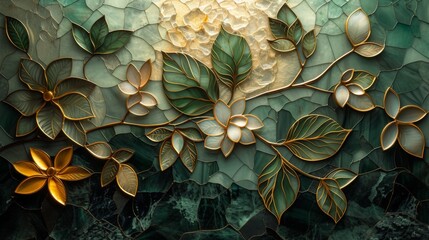 Wall Mural - Stained glass window background with colorful Flower and Leaf abstract.