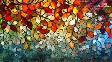 Poster - Stained glass window background with colorful Leaf abstract.