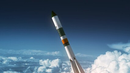 Wall Mural - the launch vehicle takes off above the clouds. 3d animation. 4k.