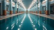 Indoor swimming pool, lanes ready for swimmers, reflection of the water on the ceiling, a sense of calm and discipline, Photography, shot from above t