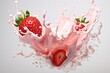 a strawberry falling into a milk splash
