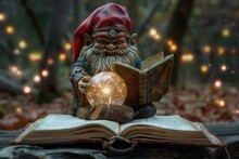 Mystical Gnome Reading Ancient Spell Book By Crystal Ball Glow Dusk Magic