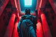  justice statue, red and blue tones