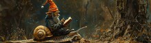 Whimsical Woodland Scene With Gnome Reading Atop A Snail Enchanted Journey