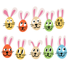 Wall Mural - Collection of cute bunny faces. Happy Easter concepts. Flat design. Vector illustration
