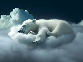 a majestic polar bear peacefully dozes atop a fluffy white cloud, blending into the sky as if it wer