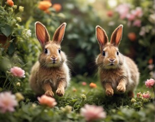 Two adorable rabbits racing each other in a lush garden