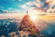 sunrise over the mountains. A man stands on the top of a mountain against the background of the shining sun. Concept: victory, feeling of freedom, achieving goals, overcoming difficulties, emotions of