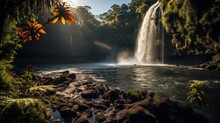Vibrant Rainbow Arching Over A Cascading Waterfall, Lush Greenery Surrounding, Mist In The Air, Showcasing The Harmony And Color Of Natural Spectacles