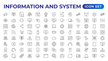 global connection, cloud data technology services, information line icons. programming coding set of