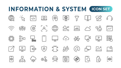 Global Connection, Cloud Data Technology Services, Information Line Icons. Programming coding set of web icons. Software development for and mobile app. Code,  information technology, coder more.