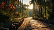 Palm tree-lined path in a botanical garden, sunlight filtering through the fronds, peaceful and exotic setting, focusing on the allure and tranquility