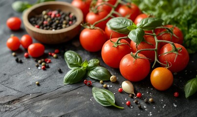 tomatoes and basil on a dark background.