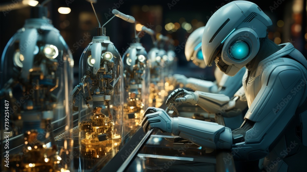 Laboratory with robotic assistants conducting experiments, various ...