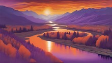 A Serene River Winding Through A Valley, With The Sun Setting Behind Distant Mountains, Painting The Sky In Shades Of Orange And Purple.