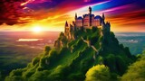 Fototapeta  - A majestic castle perched on a hill, surrounded by lush greenery, as the sky explodes in a kaleidoscope of colors during sunset.
