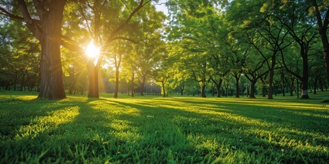 Wall Mural - Lush green trees in public park embodying tranquility of nature sunny landscape perfect for spring and summer showcasing beauty of well manicured lawns and vibrant foliage ideal for outdoor relaxation