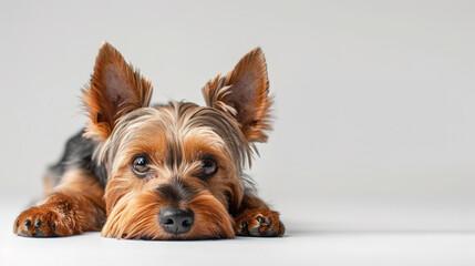 Wall Mural - The studio portrait of bored dog yorkshire terrier lying isolated on white background with copy space for text.