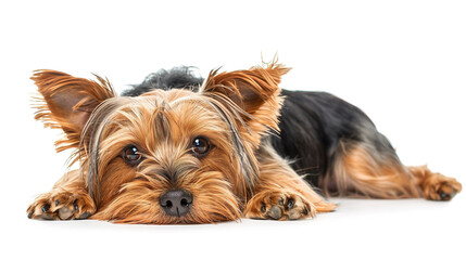 Wall Mural - The studio portrait of bored dog yorkshire terrier lying isolated on white background with copy space for text.