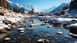 Frozen river winding through a snow-laden valley, pine trees covered in snow, emphasizing the beauty and tranquility of mountain winters, Photorealist