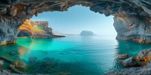 A Serene Mediterranean Seascape: Turquoise Waters, Rocky Cliffs And Hidden Coastal Caves Create A Picturesque Paradise.