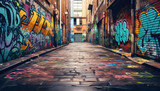 Fototapeta Uliczki - Narrow streets in the city, full of colorful painted murals and graffiti