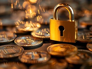 A golden lock in front of financial economic data symbolizes the importance of money security