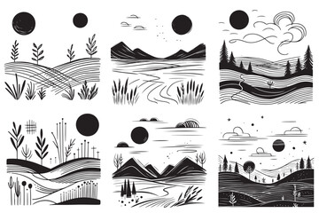 Landscape, mountains, fields, plants vector. Set. Abstarct drawn. Wall art for decor and prints