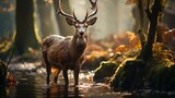 Fototapeta  - Majestic deer in a misty forest at dawn, soft light filtering through the trees, serene and natural wildlife scene, Photography, telephoto lens to cap