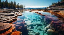 Geysers And Hot Springs In Yellowstone National Park, Vibrant Colors, Steam Rising, Showcasing The Unique And Dynamic Earth Processes, Photorealistic,