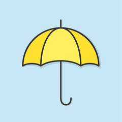 Wall Mural - yellow umbrella icon with black outline on blue background. vector flat illustration.