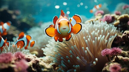 Wall Mural - Close-up of a clownfish among anemones in a reef, vivid colors, focus on the symbiotic relationship and delicate marine life, Photorealistic, underwater wildlif