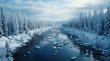 An aerial view of a dense winter forest, the snow-covered trees creating a mesmerizing pattern of white and green, the landscape a testament to the quiet and en