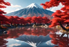 An Image With A Mountain And Red Autumn Trees Of Japan 3d Render