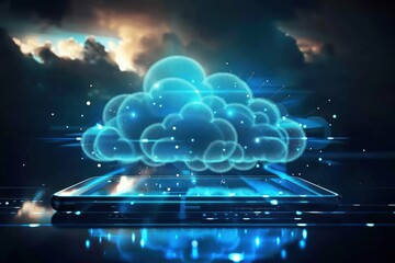 Wall Mural - cloud technology concept on tablet or electronic panel symbolizing online data storage abstract digi