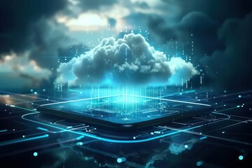 Wall Mural - cloud technology concept on tablet or electronic panel symbolizing online data storage abstract digi