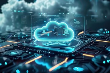Wall Mural - cloud technology concept on tablet or electronic panel symbolizing online data storage abstract digi